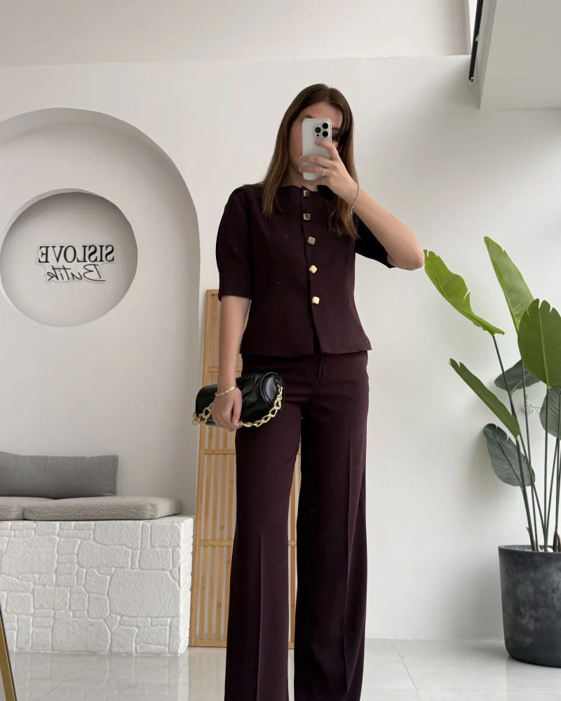 Maribel Düğme Detaylı Yelek Takım - Bordo - Kod: 8809