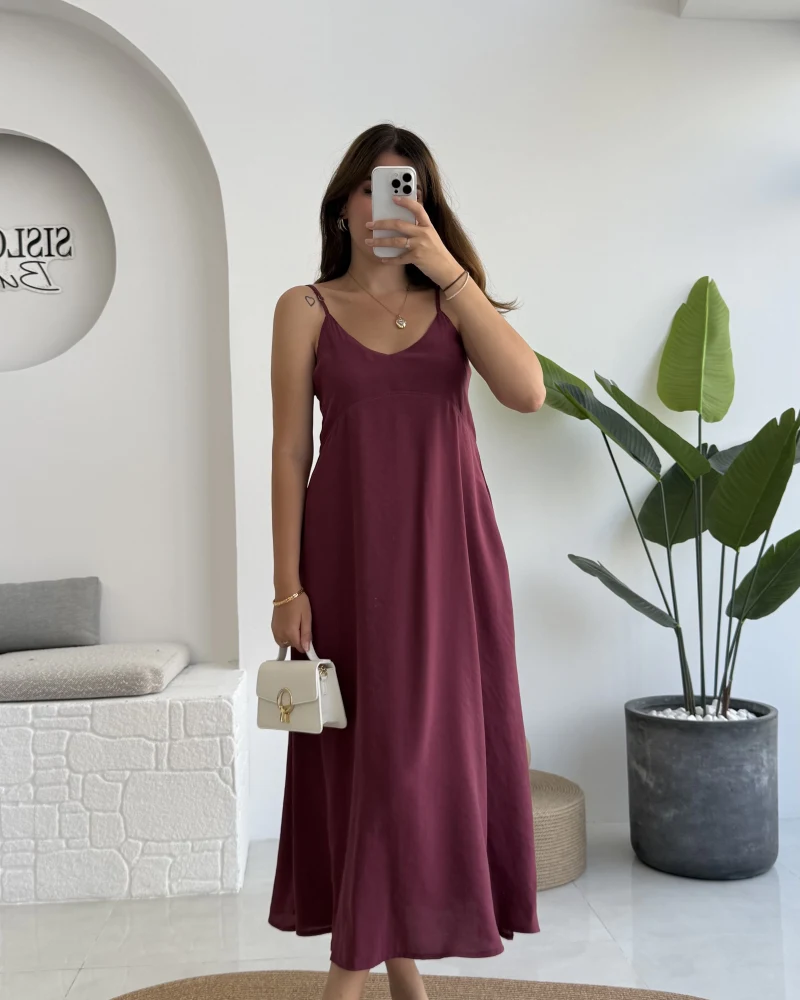 Marien Askılı Modal Elbise - Bordo - Kod: 6020