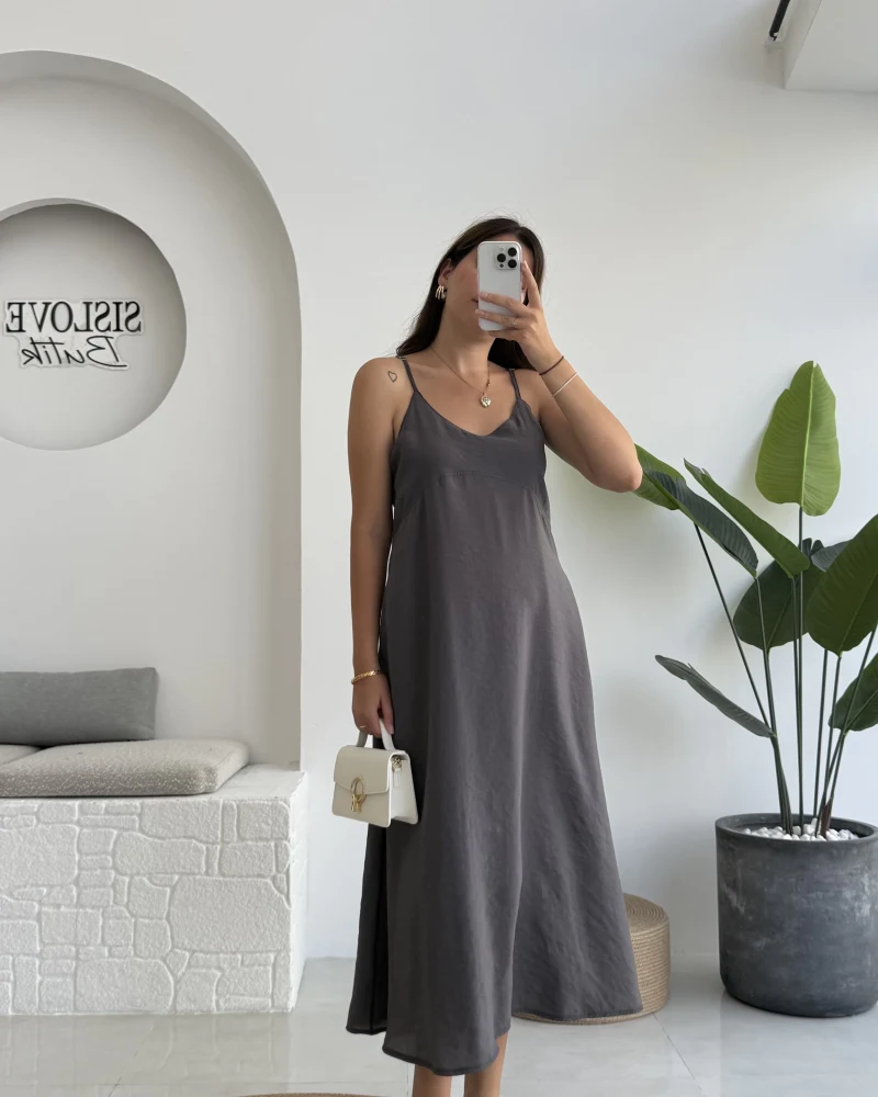 Marien Askılı Modal Elbise - Koyu Gri - Kod: 6020