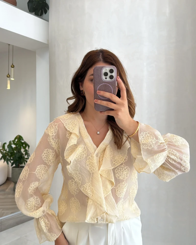 Mariposa Desenli Fırfırlı Gömlek - Bej - Kod: 2304