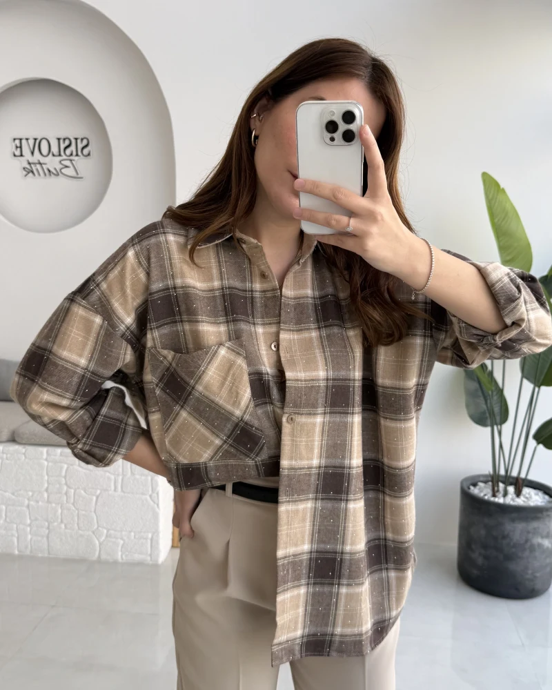 Marley Taşlı Ekose Gömlek - Bej - Kod: 2166