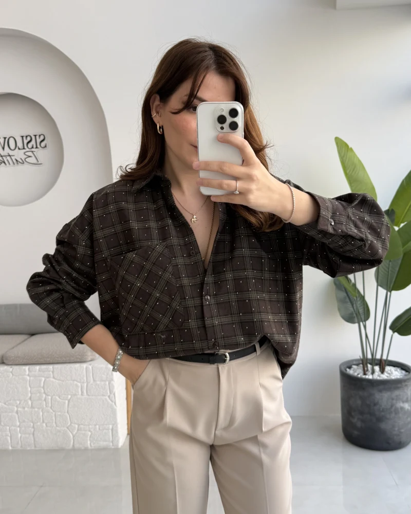 Marley Taşlı Ekose Gömlek - Kahverengi - Kod: 2166