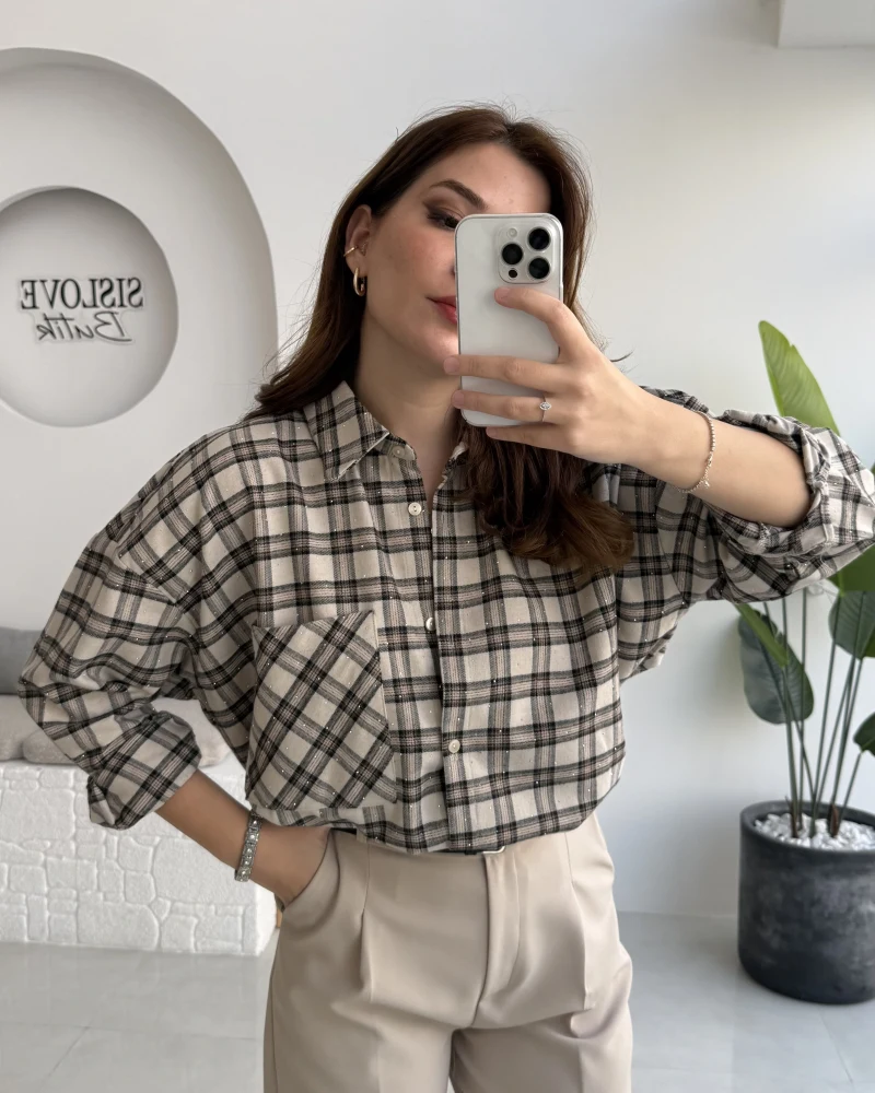 Marley Taşlı Ekose Gömlek - Taş - Kod: 2166