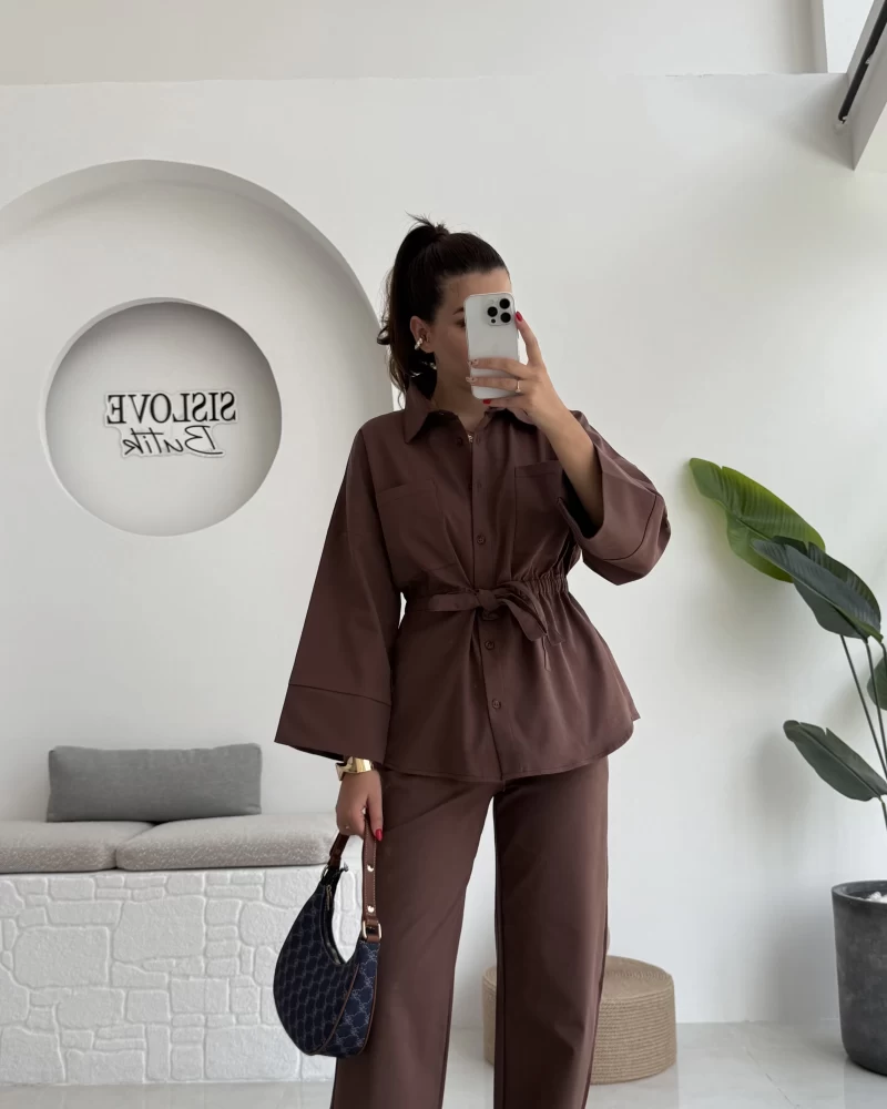 Masha Beli Bağlamalı Gömlek Pantolon Takım - Kahve - 7206