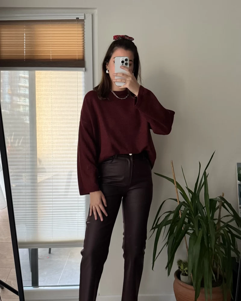 Mat Mumlu Deri Pantalon Bordo