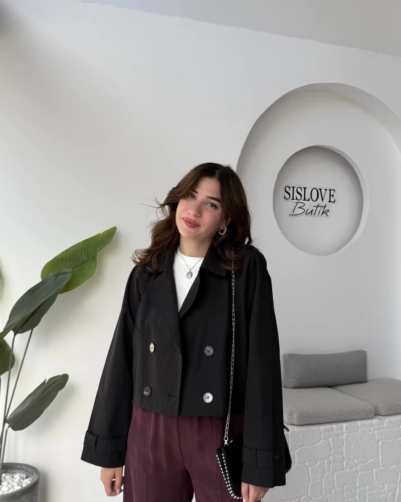 Maya Yarım Kruvaze Trençkot - Siyah - Kod: 7529