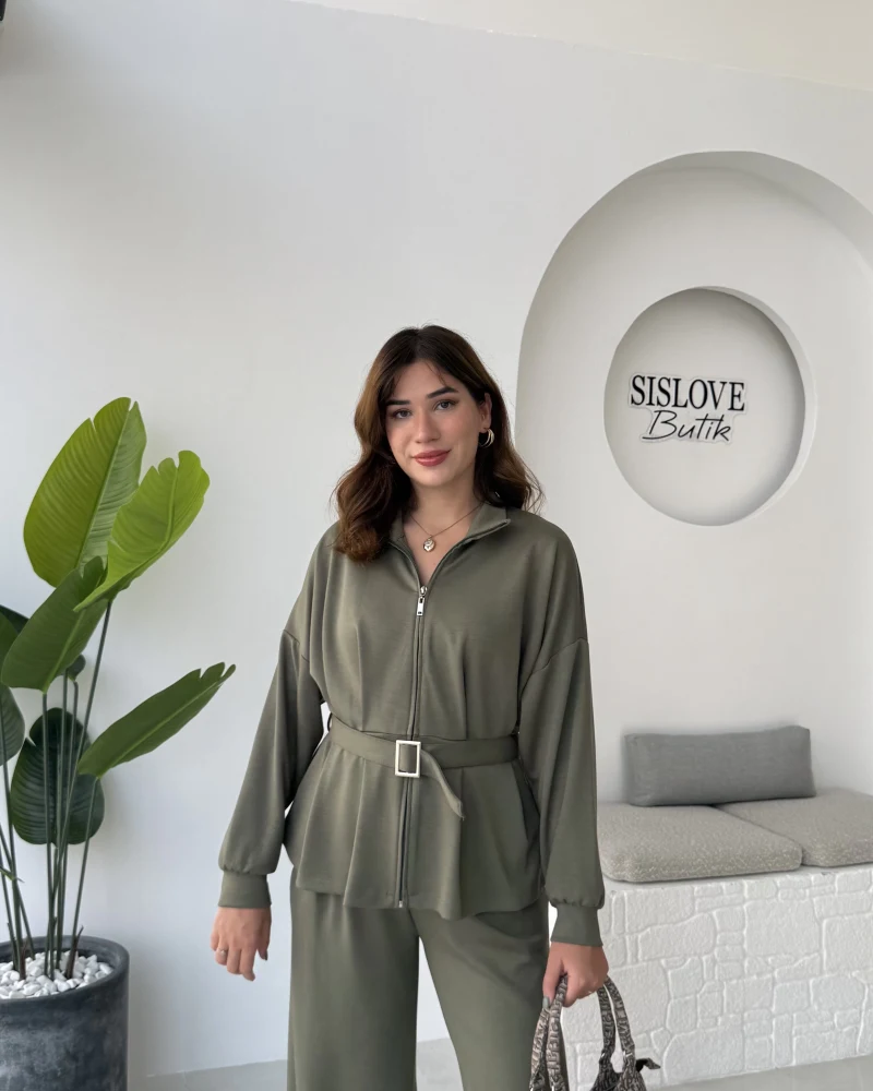 Meeri Kemer Detay Ceket Pantolon Takım - Haki - Kod: 128