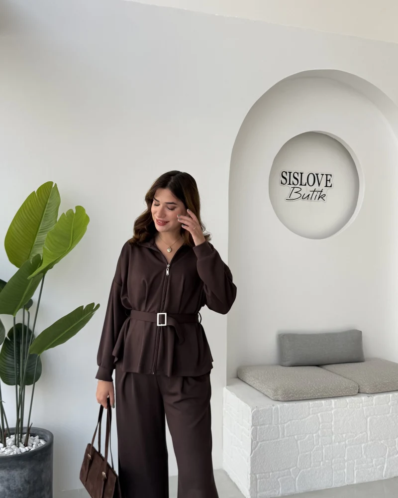 Meeri Kemer Detay Ceket Pantolon Takım - Kahve - Kod: 128