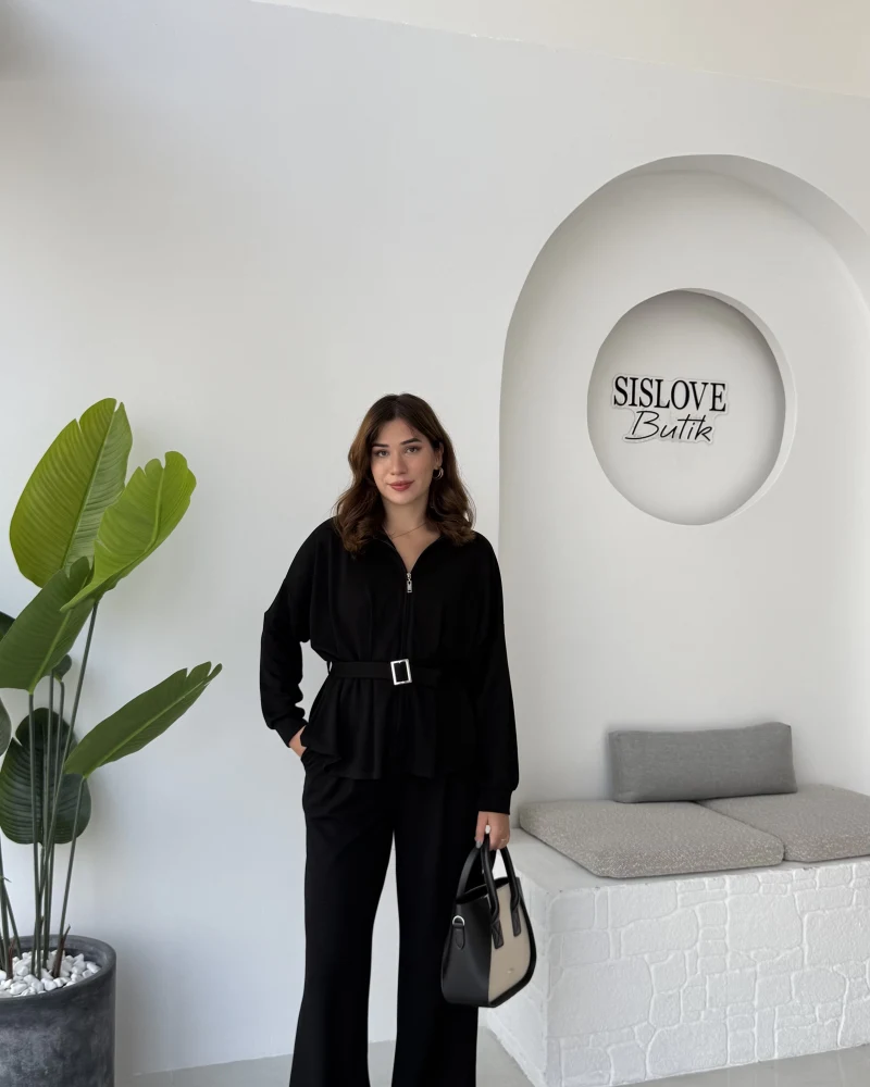 Meeri Kemer Detay Ceket Pantolon Takım - Siyah - Kod: 128