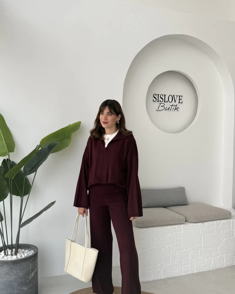 Megan Fitilli Polo Yaka Pantolon Triko Takım - Bordo - Kod: 04588
