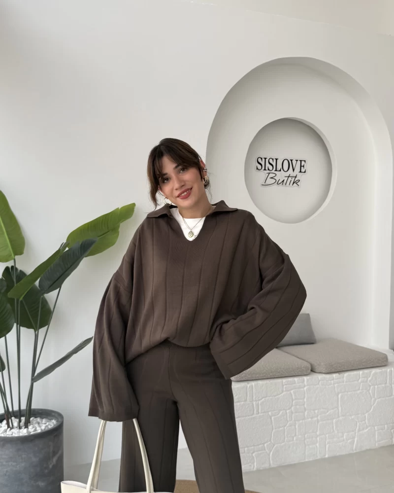 Megan Fitilli Polo Yaka Pantolon Triko Takım - Kahve - Kod: 04588
