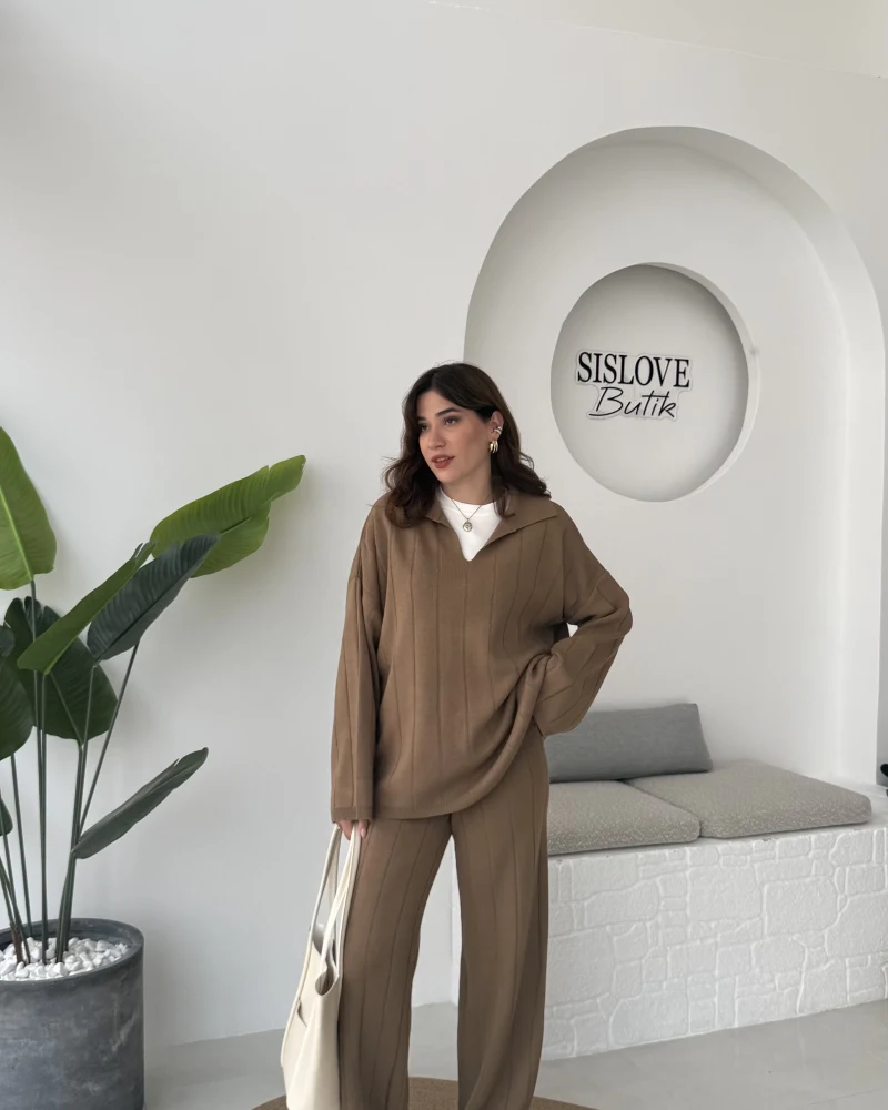 Megan Fitilli Polo Yaka Pantolon Triko Takım - Vizon - Kod: 04588