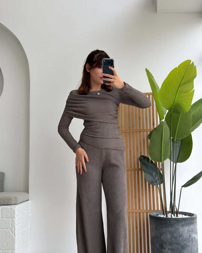 Melanie Fitilli Bluz Pantolon Takım - Vizon Tonları
