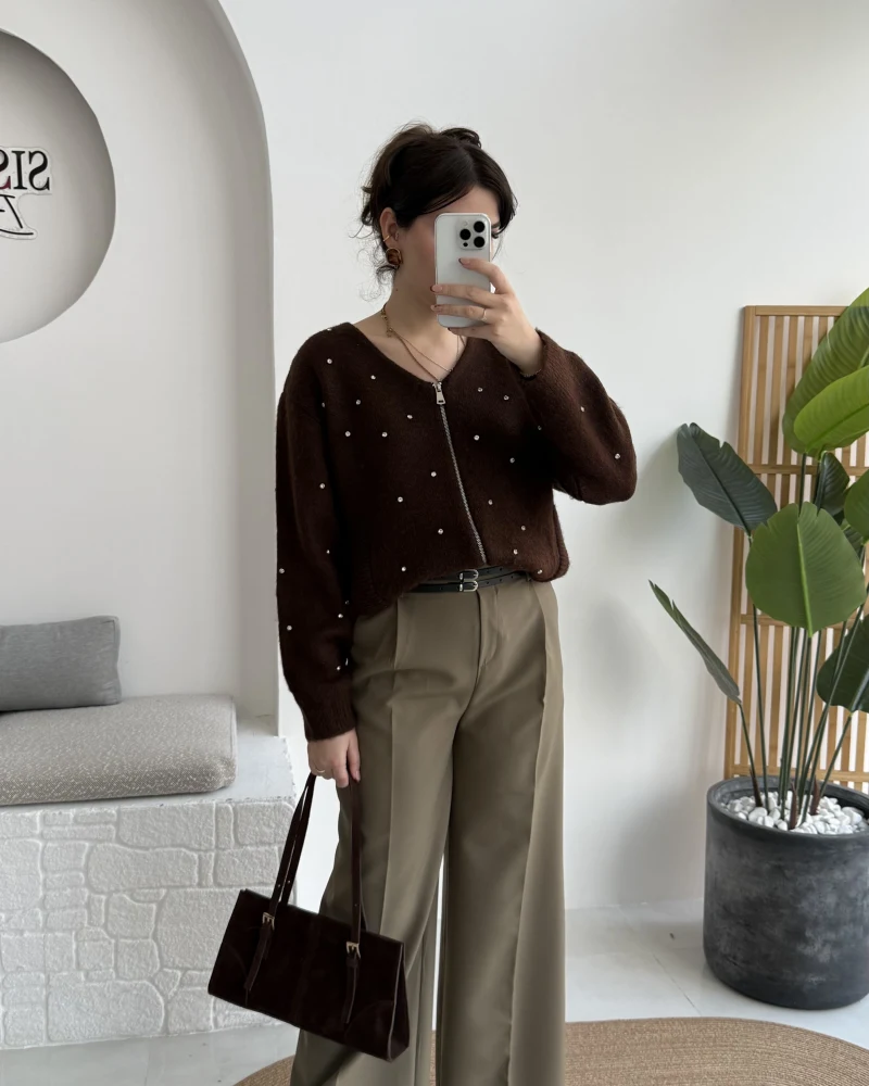 Melina Yüksek Bel Bol Paça Çift Kemerli Pantolon - Haki - Kod: 3663