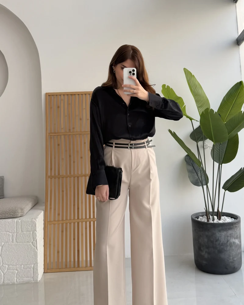 Melina Yüksek Bel Bol Paça Çift Kemerli Pantolon - Taş - Kod: 3663