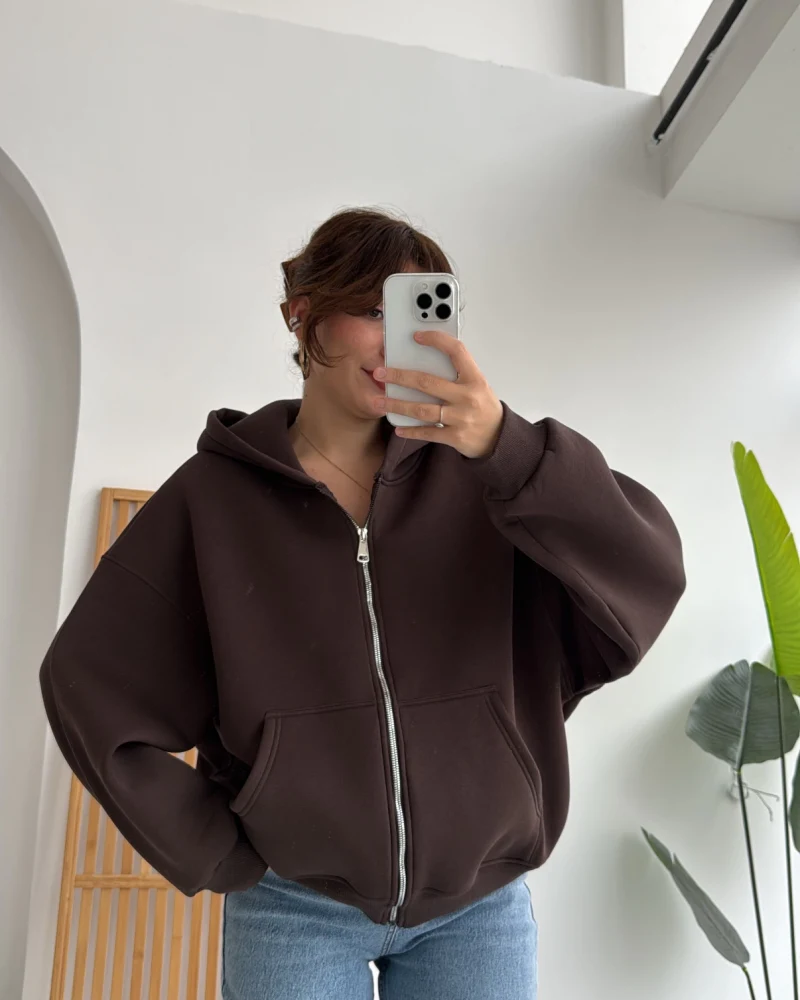 Mercy Oversize Kapüşonlu Hırka Ceket - Kahve