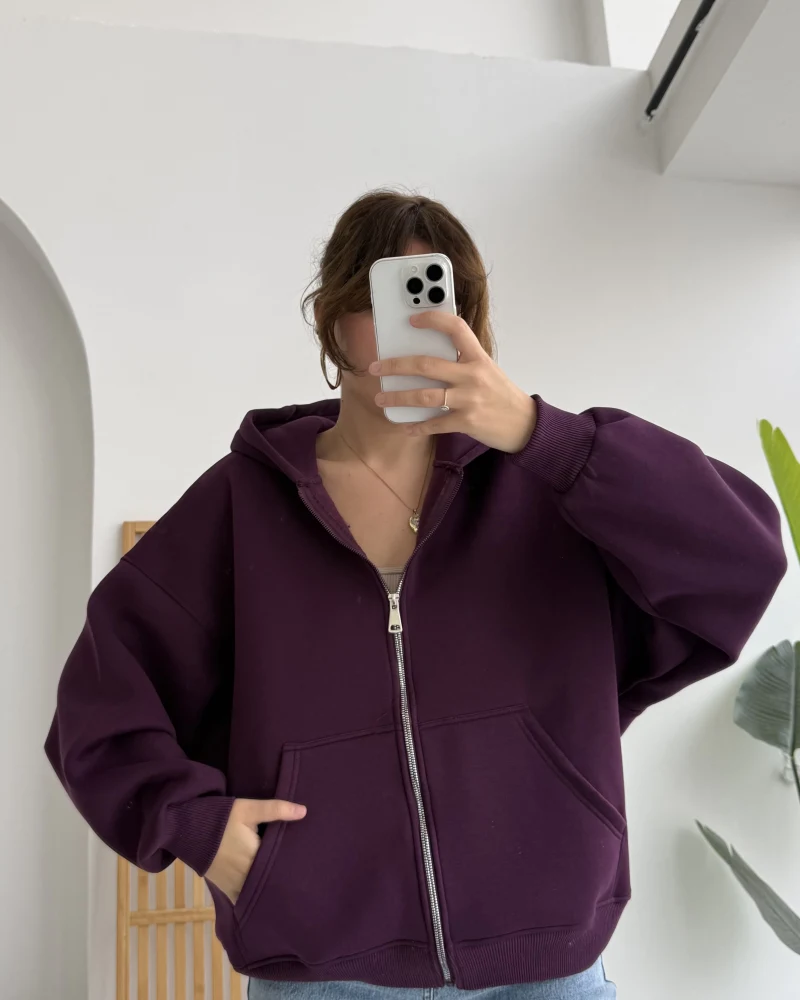 Mercy Oversize Kapüşonlu Hırka Ceket - Mor
