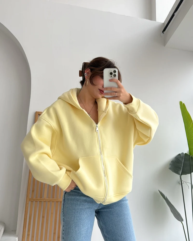 Mercy Oversize Kapüşonlu Hırka Ceket - Sarı