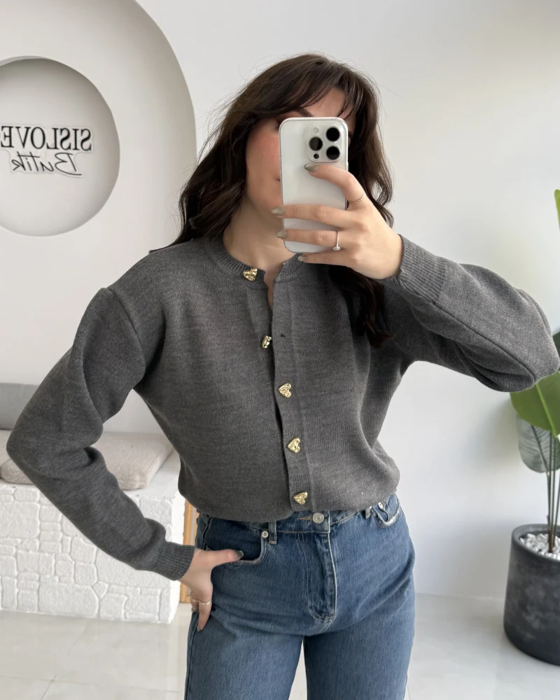 Merly Kalp Düğmeli Triko Hırka - Antrasit