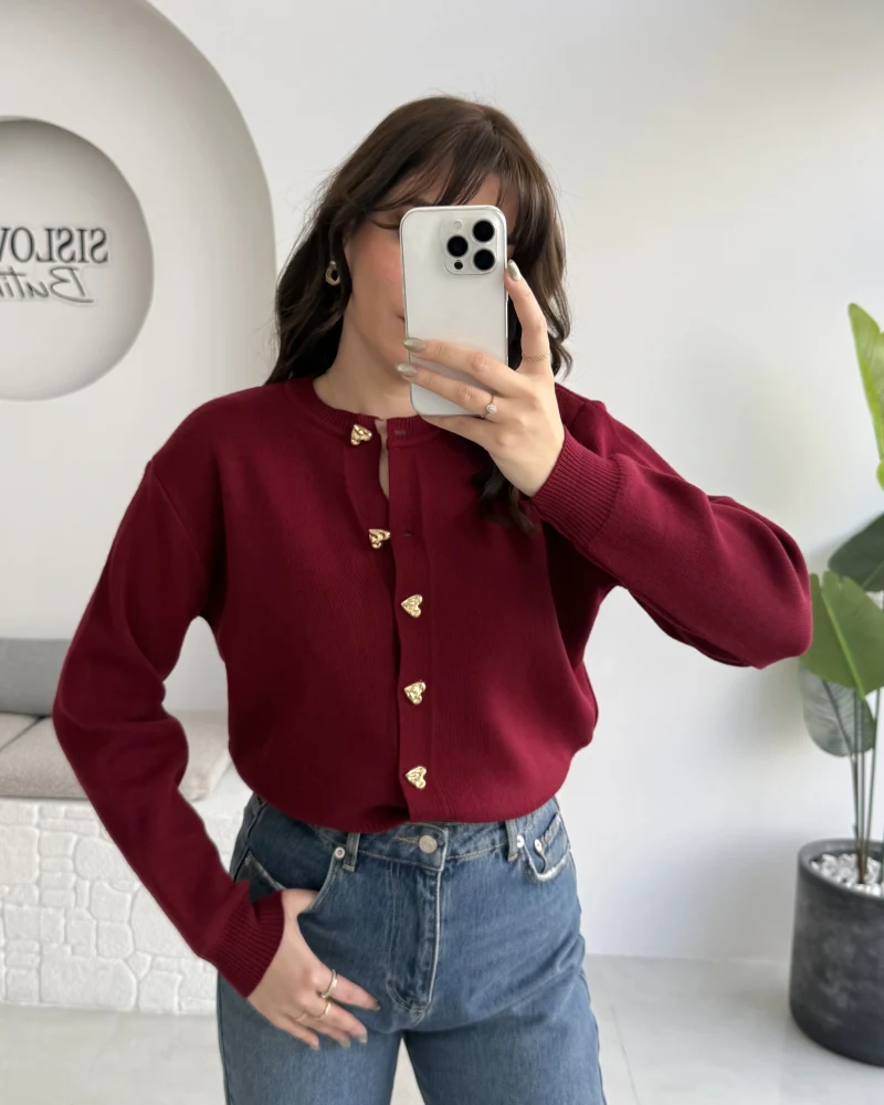 Merly Kalp Düğmeli Triko Hırka - Bordo