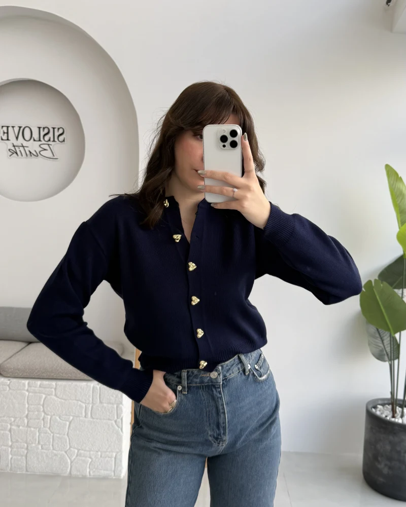 Merly Kalp Düğmeli Triko Hırka - Lacivert