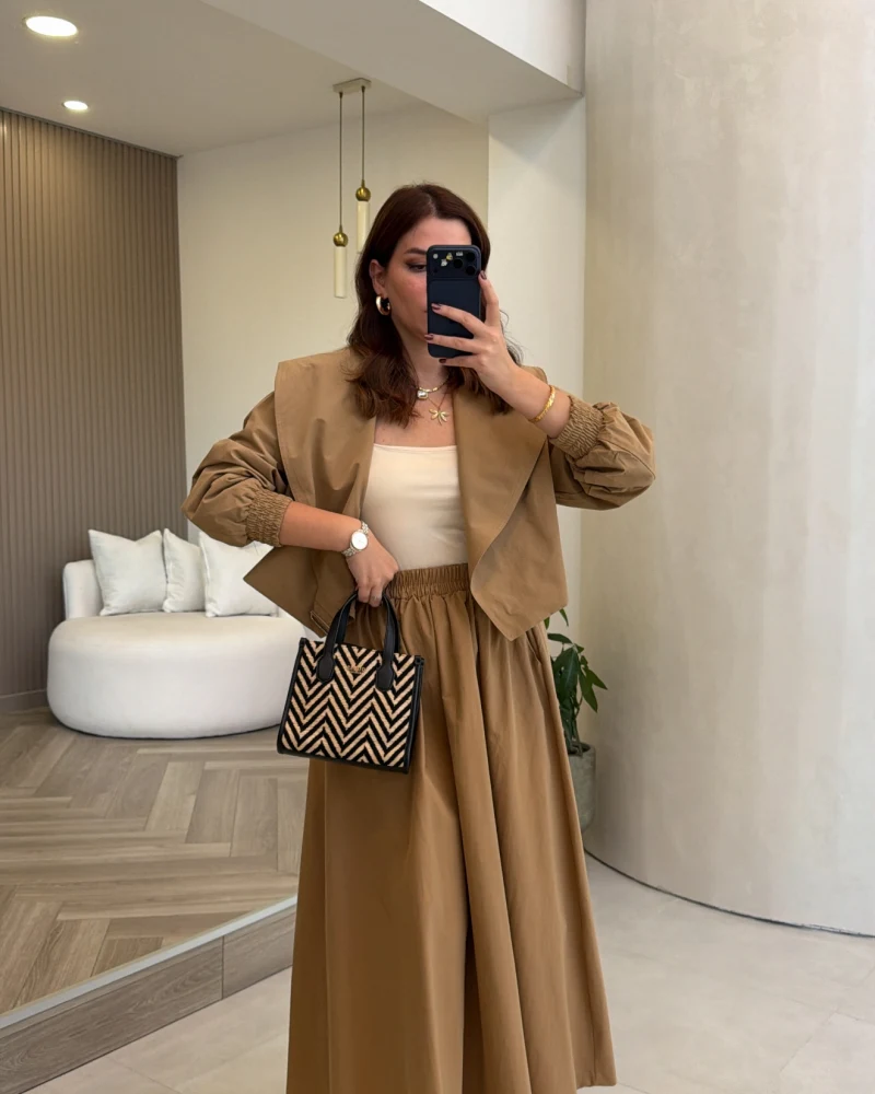 Midi Boy Beli Lastikli Etek - Camel - Kod: 5101