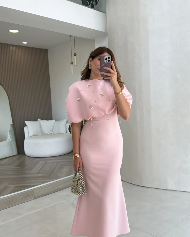 Milano Taş Detay Pelerin Elbise - Pembe - Kod: 204335