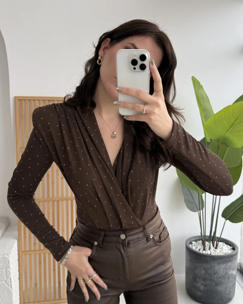 Monica Vatkalı Taşlı Bodysuit Kahverengi