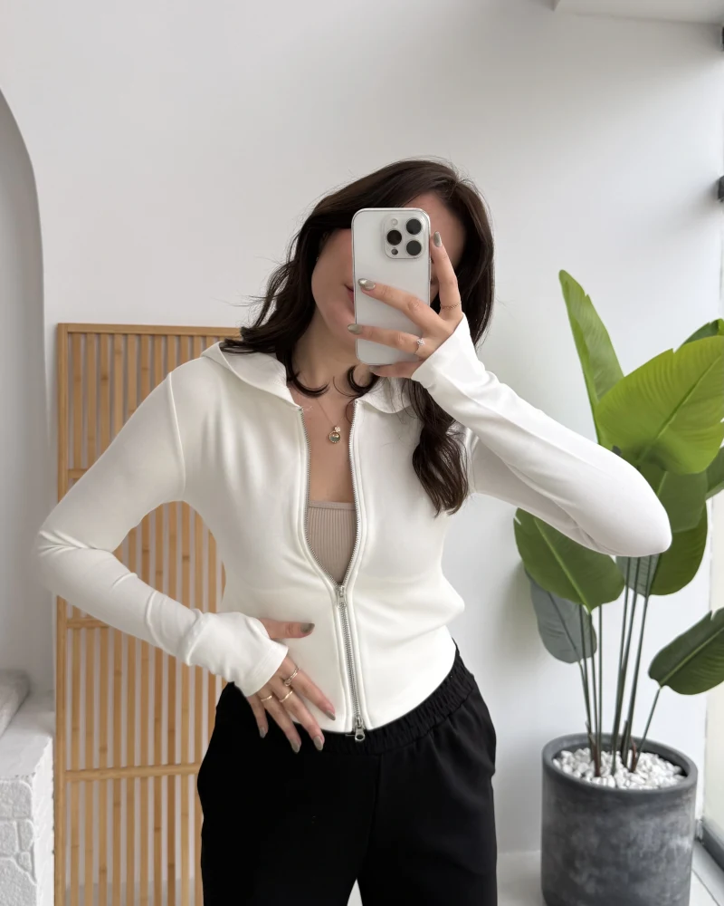 Moses Parmak Geçmeli Kapüşonlu Hırka - Beyaz