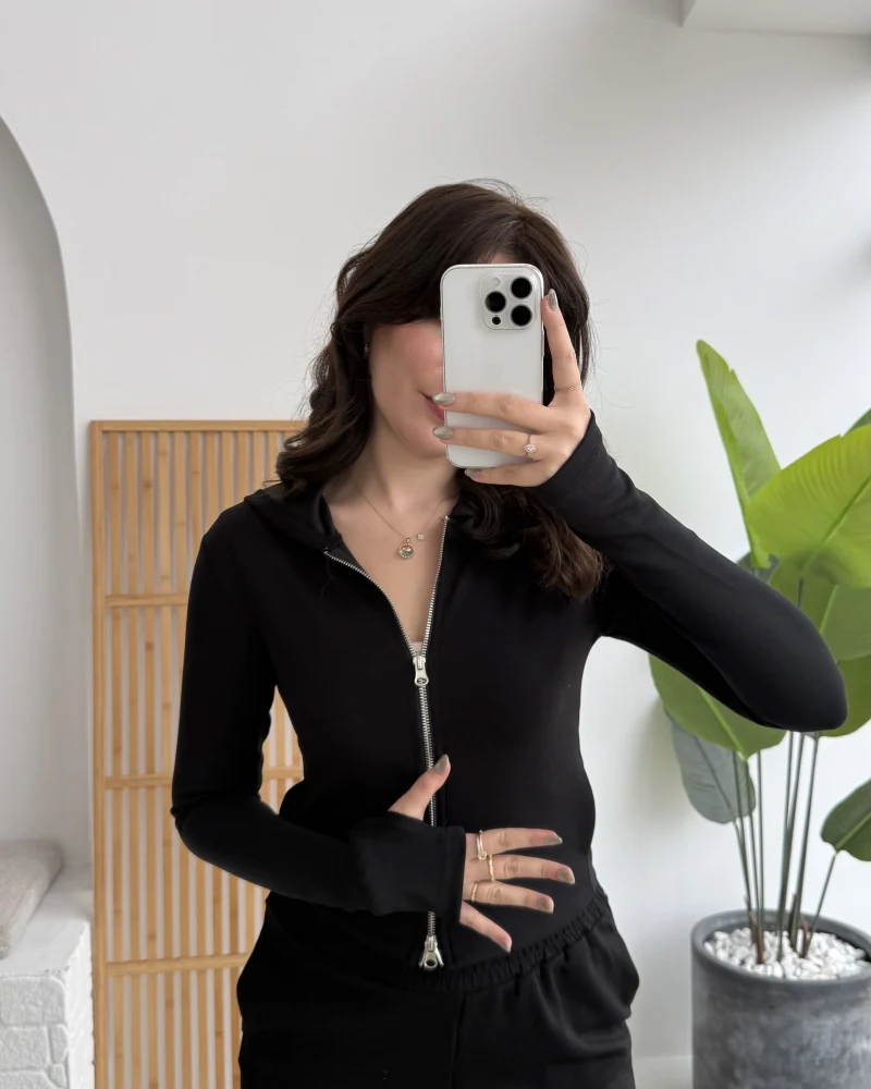 Moses Parmak Geçmeli Kapüşonlu Hırka - Siyah