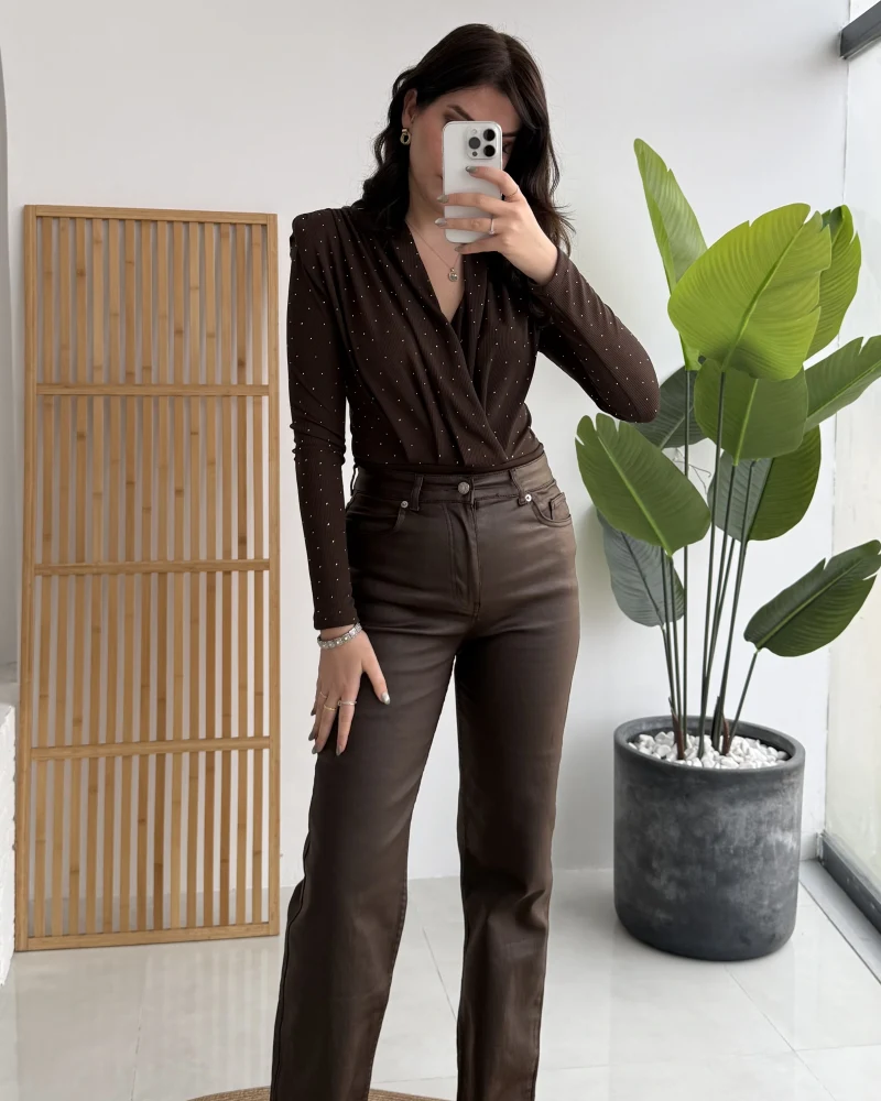 Mumlu Deri Straight Acı Kahve Jean Pantolon - Kod: 1701