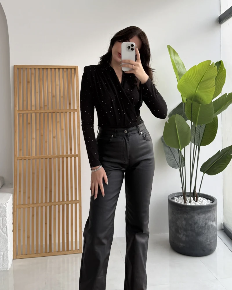 Mumlu Deri Straight Siyah Jean Pantolon - Kod: 1703