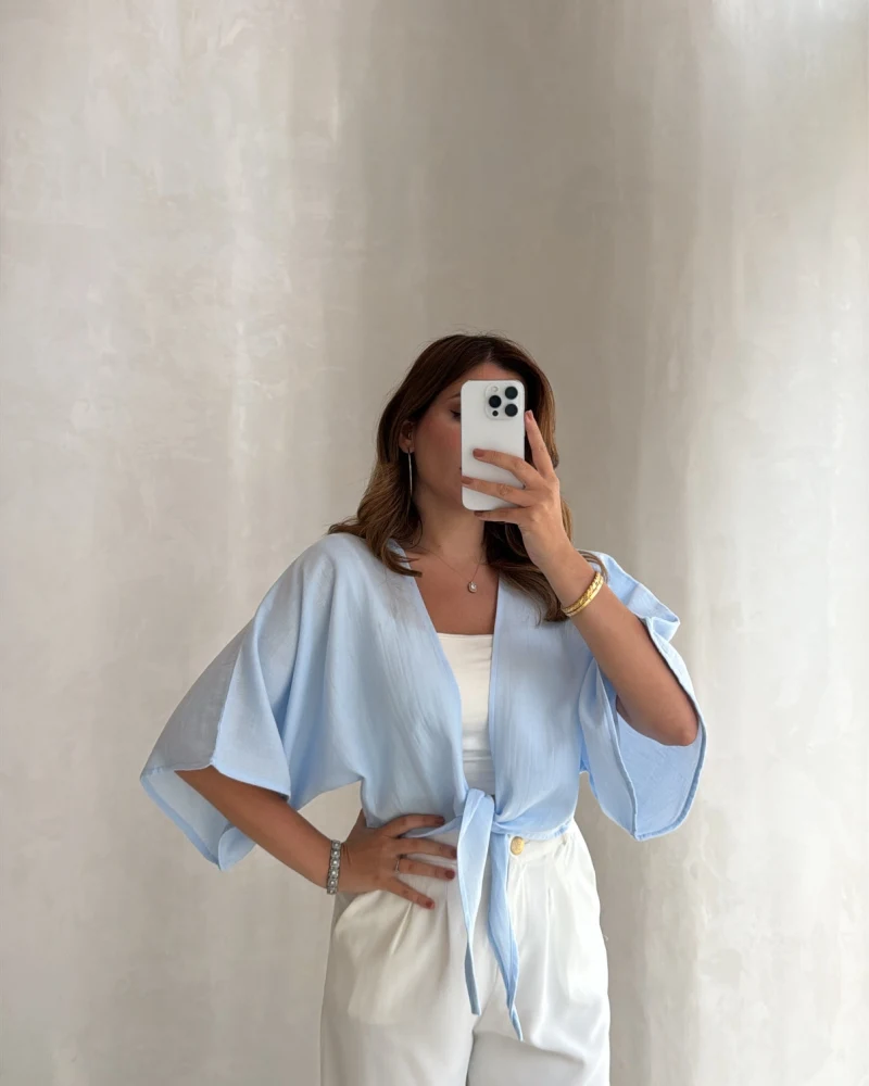 Müslin Bağlamalı Crop Bluz - Mavi - Kod: 4729