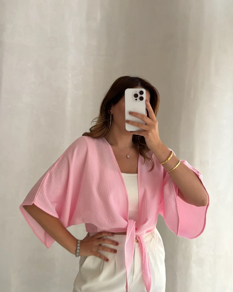Müslin Bağlamalı Crop Bluz - Pembe - Kod: 4729