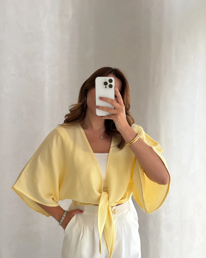 Müslin Bağlamalı Crop Bluz - Sarı - Kod: 4729