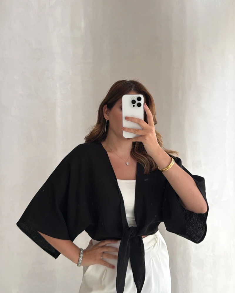 Müslin Bağlamalı Crop Bluz - Siyah - Kod: 4729