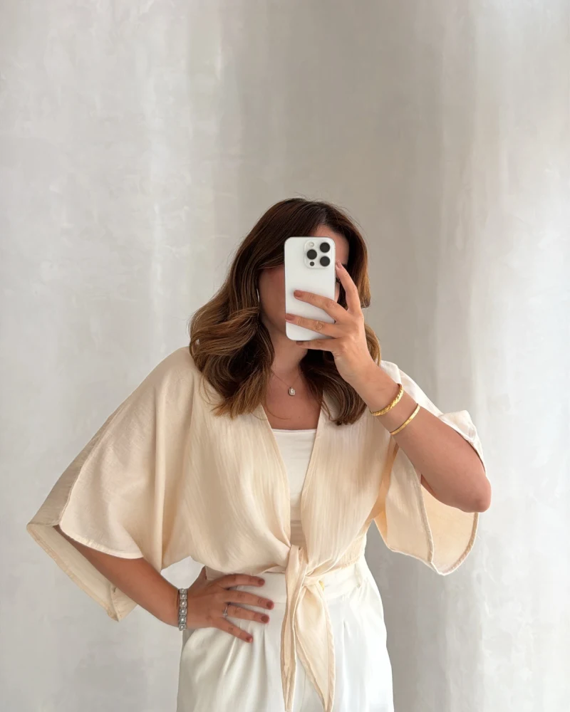 Müslin Bağlamalı Crop Bluz - Taş - Kod: 4729