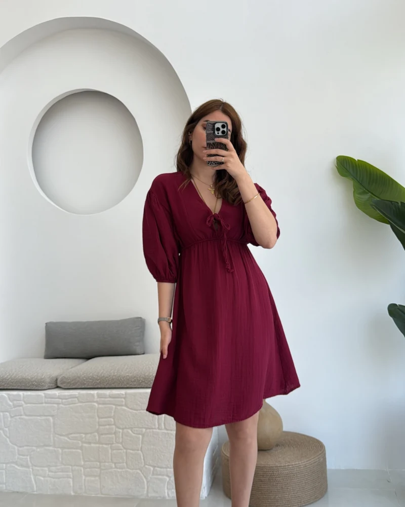 Müslin Kısa Becca Elbise Bordo