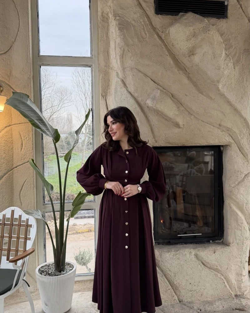 Naples Balon Kol Bel Detay Düğmeli Elbise - Mürdüm - Kod: 2337