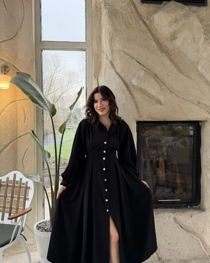 Naples Balon Kol Bel Detay Düğmeli Elbise - Siyah - Kod: 2337