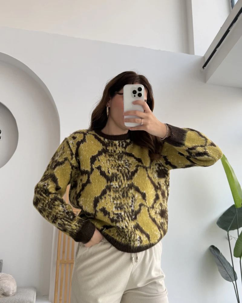 Nevina Desenli Kazak - Sarı - 9074