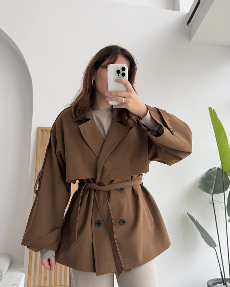 Nia Kuşaklı Kısa Trençkot - Tarçın - Kod: 9580