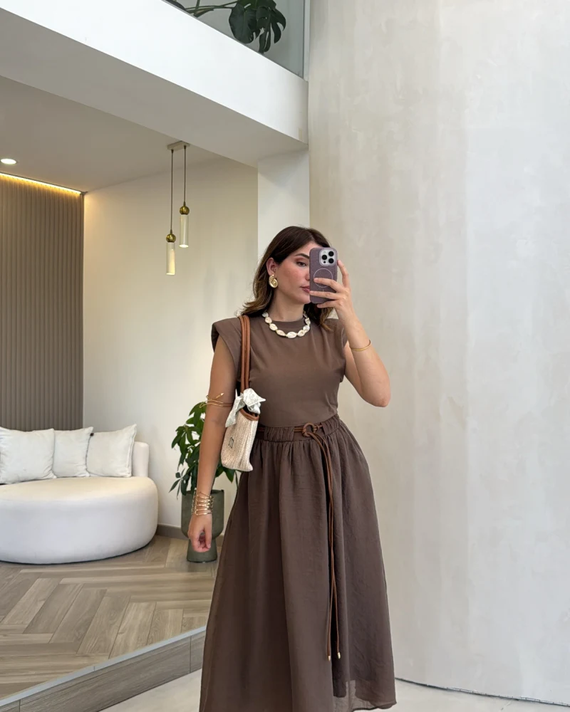 Nila Kemerli Garnili Elbise - Kahve - Kod: 0103