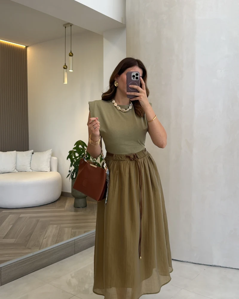 Nila Kemerli Garnili Elbise - Olive - Kod: 0103