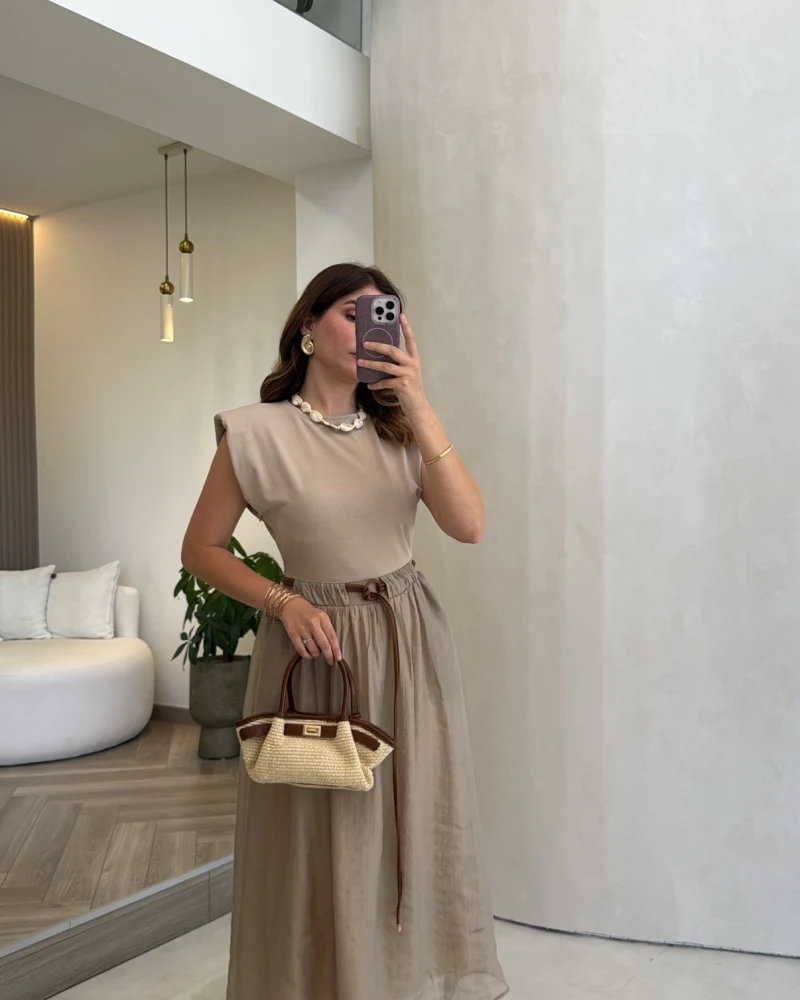 Nila Kemerli Garnili Elbise - Vizon - Kod: 0103
