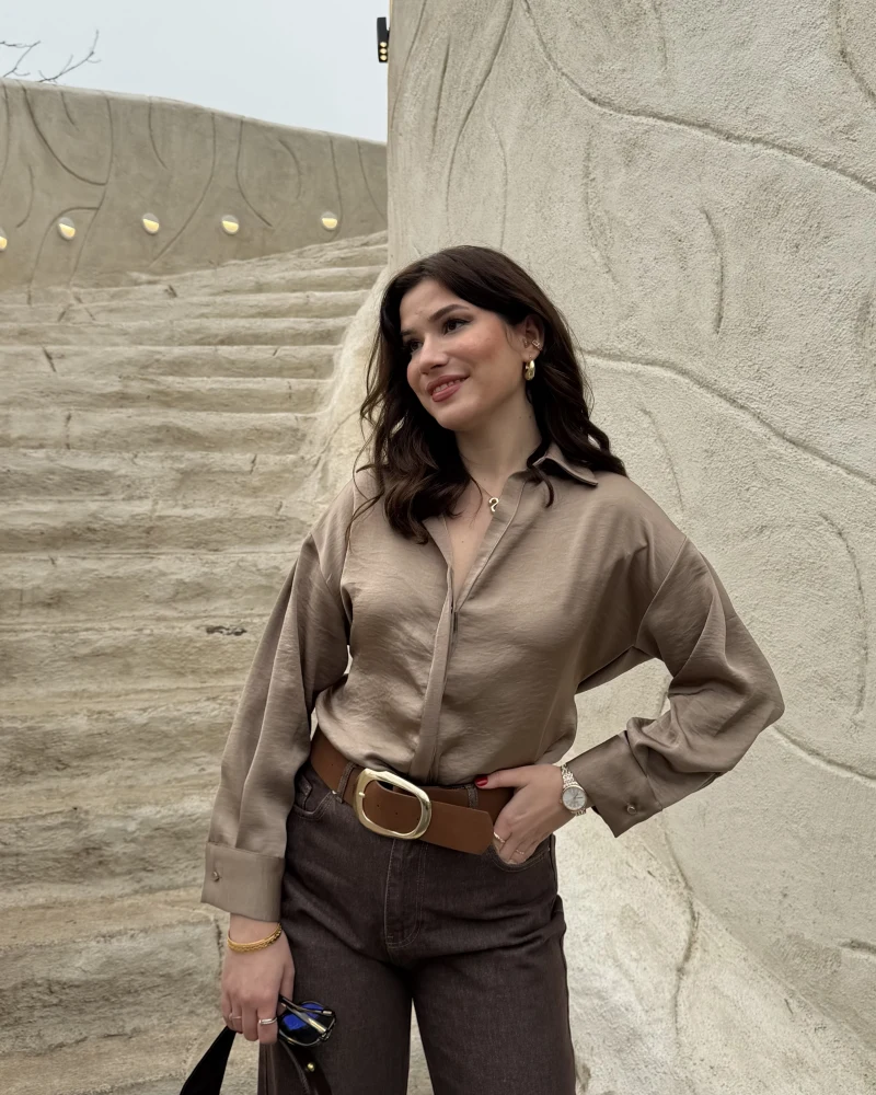 Odın Bağcıklı V Yaka Saten Gömlek - Vizon - Kod: 5022