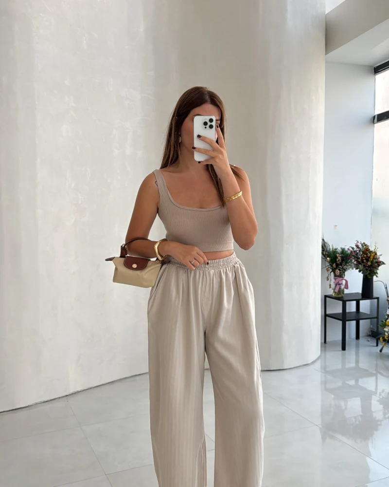 Olıvıa Çizgili Balon Pantolon - Taş - Kod: 031748