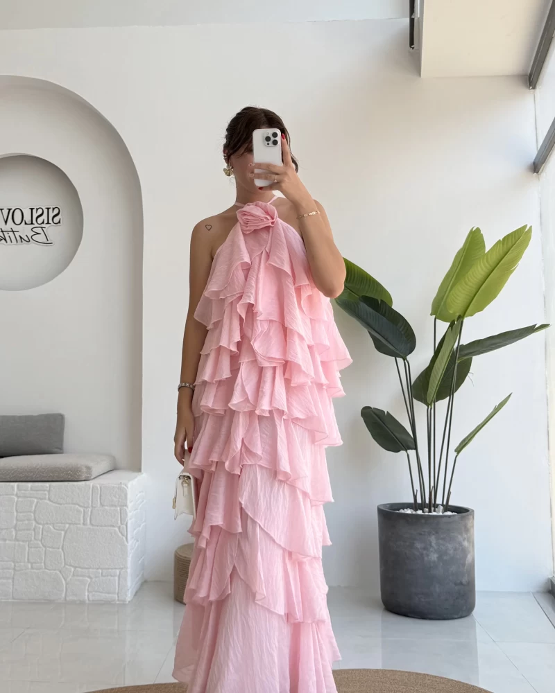Olivia Gül Detaylı Kat Kat Elbise Pembe