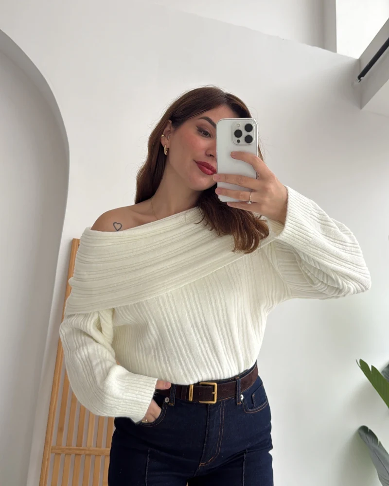 Omzu Açık Fitilli Kazak - Ekru