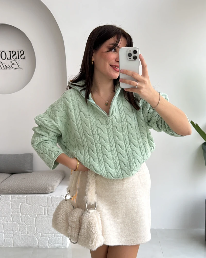 Örgülü Dik Yaka Fermuarlı Kazak - Açık Yeşil - Kod: 231078